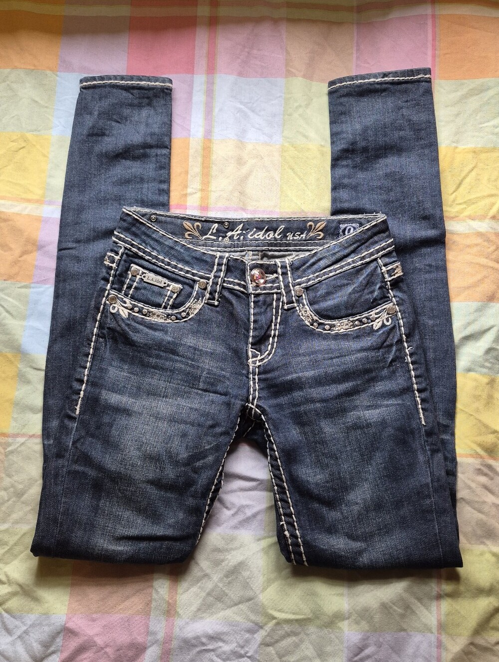 L.A. Idol Women's Dark Indigo Skinny Jeans with White Stitching